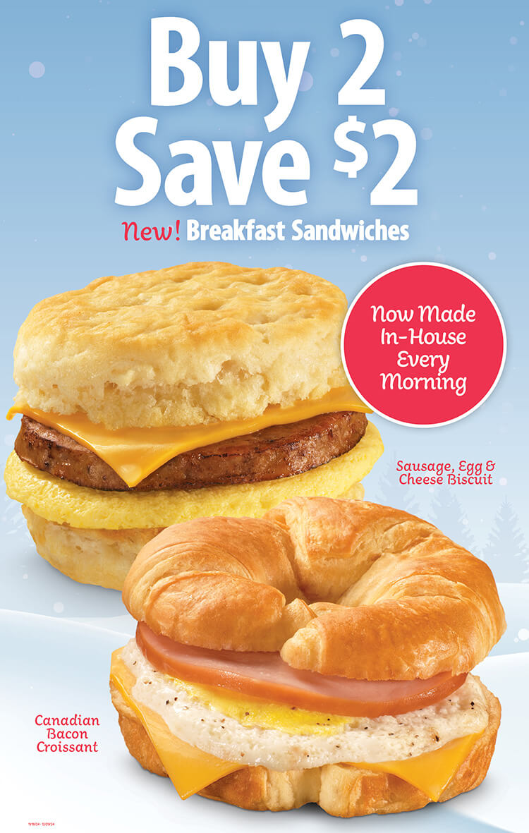 Buy 2 breakfast sandwiches and save $2. Now made in-house every morning.